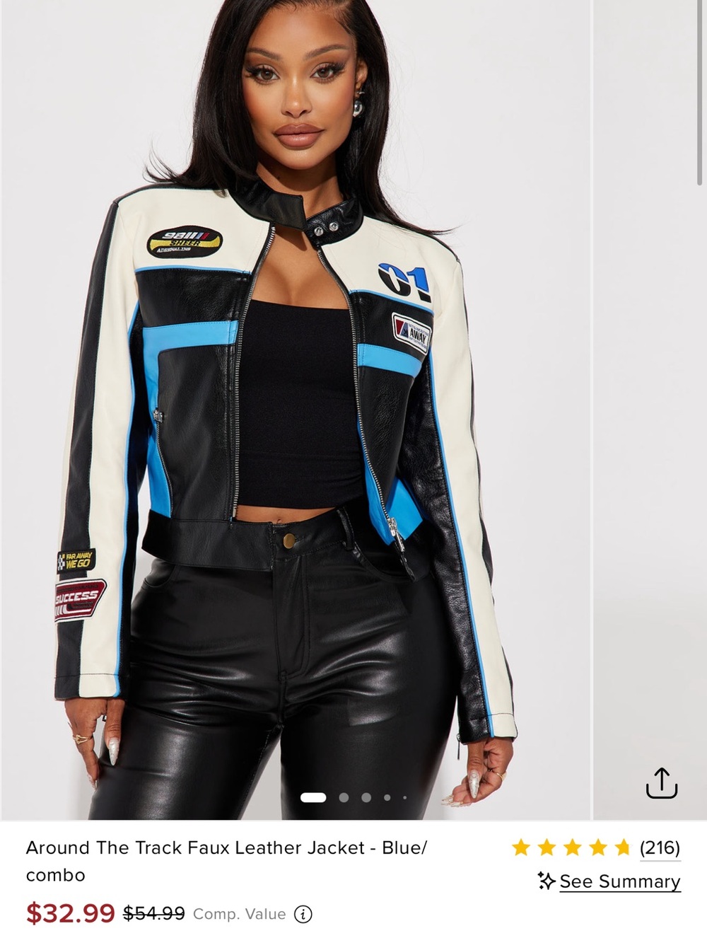 Faux Leather Racing Jacket - Blue/Black/White